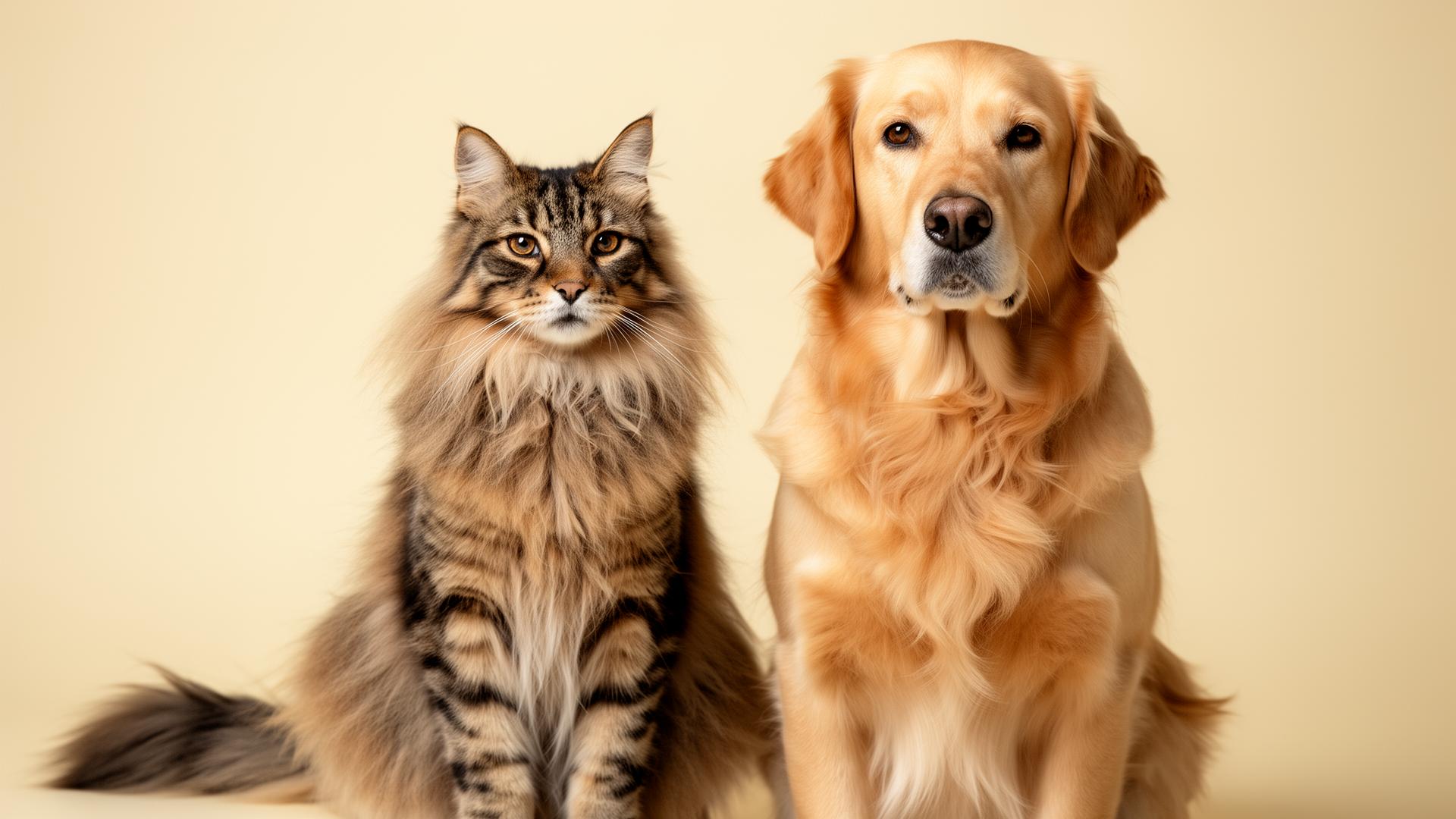 A happy golden retriever and orange tabby cat — premium pet food, medication, and vaccines